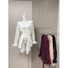 批发名媛纯欲设计感鸵鸟毛袖慵懒风<b class='q'>针织</b>开衫吊带<b class='q'>背心</b><b class='q'>秋</b>冬新两件套