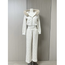 批发1P STUDIO 碎花<b class='q'>短款</b>毛领连帽加绒<b class='q'>卫衣</b>外套休闲松紧腰卫裤两件套装