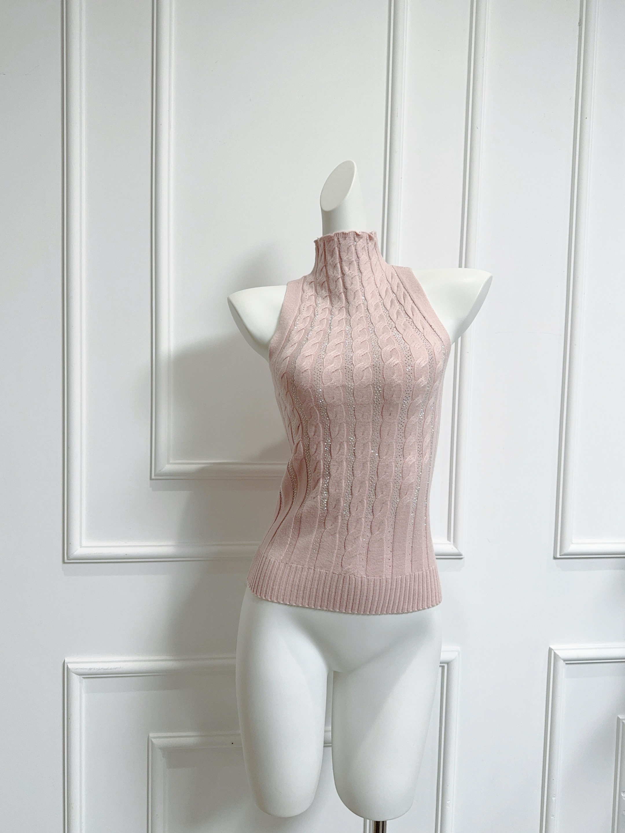 fay 조용히 하트 비트 외국 가스 품격 반하이넥 핫픽스 트위스트 꽃 니트 질감 민소매 조끼 맨위