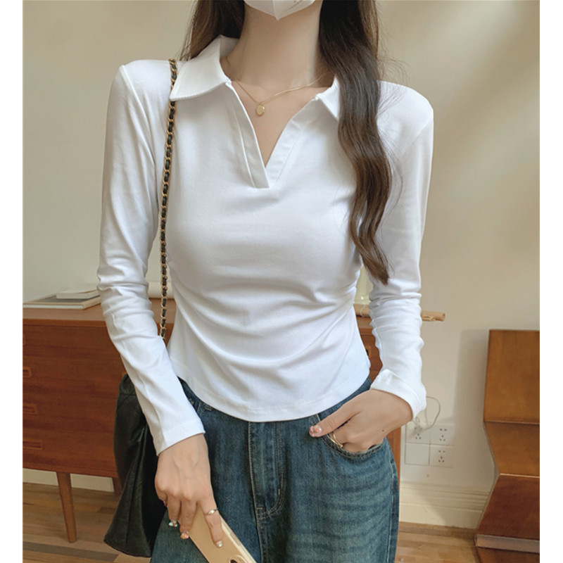 MY70155# 褶皱收腰t恤秋冬新款正肩polo领长袖V领打底衫内搭上衣女裝貨源服裝批發