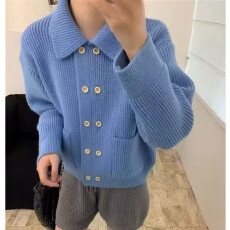 原版 非实拍不减 氛围感翻领灰色针织开衫秋冬宽松慵懒风毛衣外套