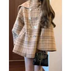 批发原版品质 不减 格子毛呢大衣高级感小个子千金风格纹斗篷外套 潮