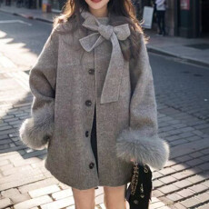 批发原版品质 不减 <b class='q'>中长款</b>蝴蝶结呢子斗篷大衣小个子赫本风毛呢外套潮