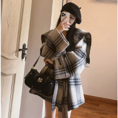 批发原版品质 不减 高级感宽松慵懒风格子毛呢外套海军领双面绒大衣潮