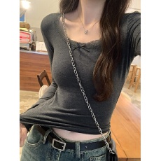 非实拍不减 蕾丝花边纯欲打底衫女高弹圆领磨绒内搭T恤上衣长袖潮