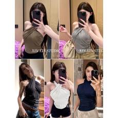批发非实拍不减 新款设计感交叉挂脖褶皱收腰背心女修身露背抹胸上衣