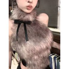 批发非实拍不减 欲野狐狸设计感小众蝴蝶结毛毛吊带背心外穿毛绒上衣