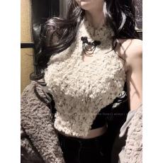 批发非实拍不减少女感绝美玫瑰花毛毛拼接设计感挂脖背心打底性感露肩