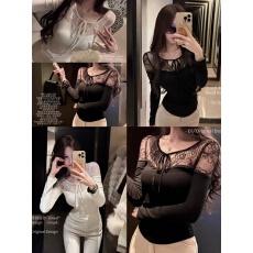 批发非实拍不减蕾丝拼接打底衫修身显瘦纯欲性感气质短款内搭<b class='q'>长袖</b>上衣