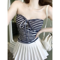 批发非实拍不减美式复古蓝白条纹系带抹胸修身显瘦百搭小众辣妹风上衣