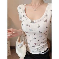 批发非实拍不减 春夏新款<b class='q'>可爱</b>印花蝴蝶结短袖圆领奶气内搭打底衫上衣