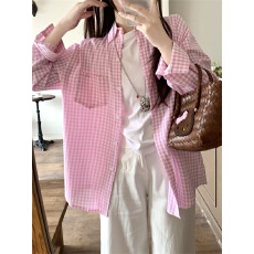 批发实拍不减 长袖泡泡格子<b class='q'>衬衫</b>春季新款宽松中长款长袖小众防晒上衣