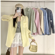 批发实拍不减 黄色慵懒风长袖格子<b class='q'>衬衫</b>防晒宽松chic上衣早春<b class='q'>衬衣</b>外套