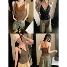 批发非实拍不减 复古辣妹荡领撞色上衣女新款高级感露背气质吊带背心