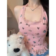 批发非实拍不减 <b class='q'>春</b>夏季内搭可外穿印花蕾丝花边挂脖吊带短款打底衫潮