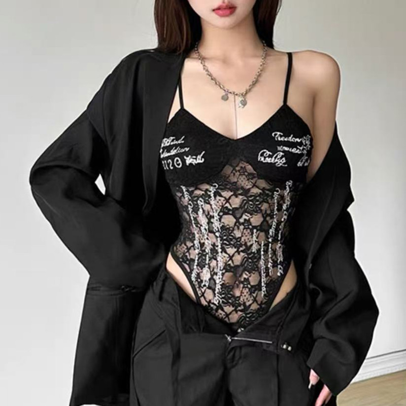 비 실사 감소되지 않음 순수한 욕망 섹시함 알파벳 홀로우 아웃 레이스 올인원 의류 슬립 인사이드 가져 가라. 핫걸 프린트 슬림해 보이는 맨위