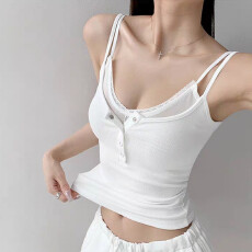 批发非实拍不减 修身假两件半开领吊带背心纯欲花边<b class='q'>网纱</b>甜辣无袖上衣