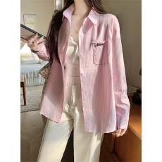 实拍不减 粉色条纹衬衫女春季新款小个子衬衣内搭上衣防晒外套潮