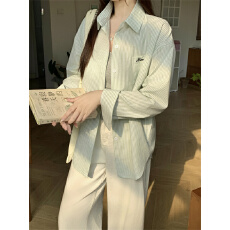 实拍不减 早春防晒绿色条纹衬衫外套女宽松慵懒风长袖衬衣上衣潮