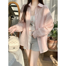 批发实拍不减 美式粉色衬衫春夏宽松中长款防晒罩衫衬衣外套长袖<b class='q'>上衣</b>