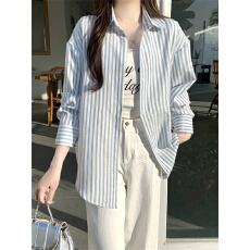 批发实拍不减 条纹长袖衬衫女韩系宽松慵懒小众外搭防晒中长款<b class='q'>上衣</b>潮