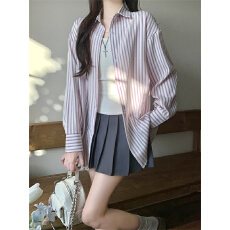 批发实拍不减 韩系紫色条纹<b class='q'>衬衫</b>女春季新款慵懒宽松休闲<b class='q'>长袖</b><b class='q'>衬衣</b>外套