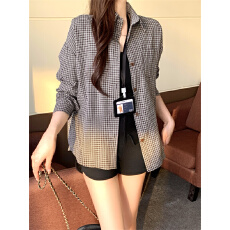 批发实拍不减 复古咖色POLO领设计感格子<b class='q'>衬衫</b>女春夏慵懒宽松<b class='q'>长袖</b>上衣