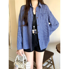 批发实拍不减 春季新款蓝色格子<b class='q'>衬衫</b>女宽松慵懒风韩版<b class='q'>长袖</b>防晒外套潮