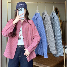 批发实拍不减 复古格子撞色<b class='q'>长袖</b><b class='q'>衬衫</b>女春夏新款设计感小众宽松外套潮