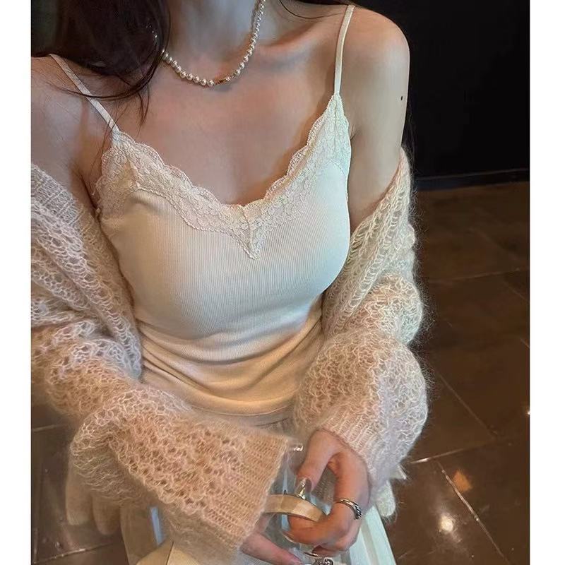 비 실사 감소되지 않음 레이스 조각 V넥 캐미솔 여름 순수한 욕망 섹시함 벨트 가슴 패드 없음 흔적 몸매 가꾸기 맨위