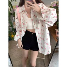 批发非实拍不减 韩版设计感小众长袖<b class='q'>碎花</b><b class='q'>衬衫</b>女上衣宽松防晒<b class='q'>衬衣</b>外套
