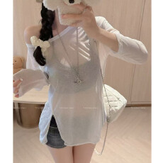 批发非实拍不减 小心机前开叉长袖T恤<b class='q'>女</b>外搭薄款防晒上衣慵懒宽松罩衫