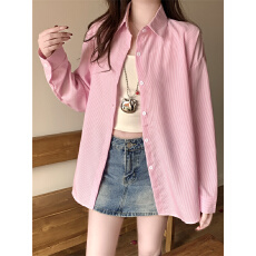 批发实拍不减 粉色条纹衬衫女<b class='q'>长袖</b>春季新款韩版宽松休闲简约防晒衬衣