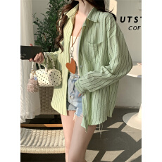 批发实拍不减 法式设计感小众中长款条纹衬衫女慵懒防晒<b class='q'>长袖</b>衬衣外套