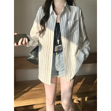 批发实拍不减 韩系小众翻领条纹<b class='q'>长袖</b>衬衫女春夏独特防晒小衫气质上衣
