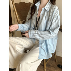 批发实拍不减 韩系蓝色条纹衬衫女春季新款慵懒宽松休闲<b class='q'>长袖</b>衬衣外套