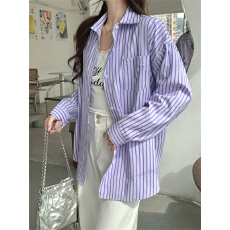批发实拍不减 美式复古条纹<b class='q'>长袖</b>衬衫女韩系宽松慵懒小众外搭防晒上衣