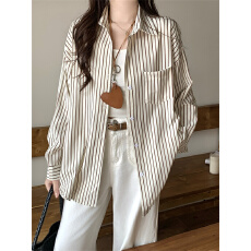 批发实拍不减 竖条纹衬衫上衣<b class='q'>长袖</b>女士春季新款通勤宽松休闲防晒衬衣