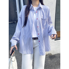 批发实拍不减 夏季新款条纹长袖防晒衬衫女薄款宽松中长款衬衣外套潮
