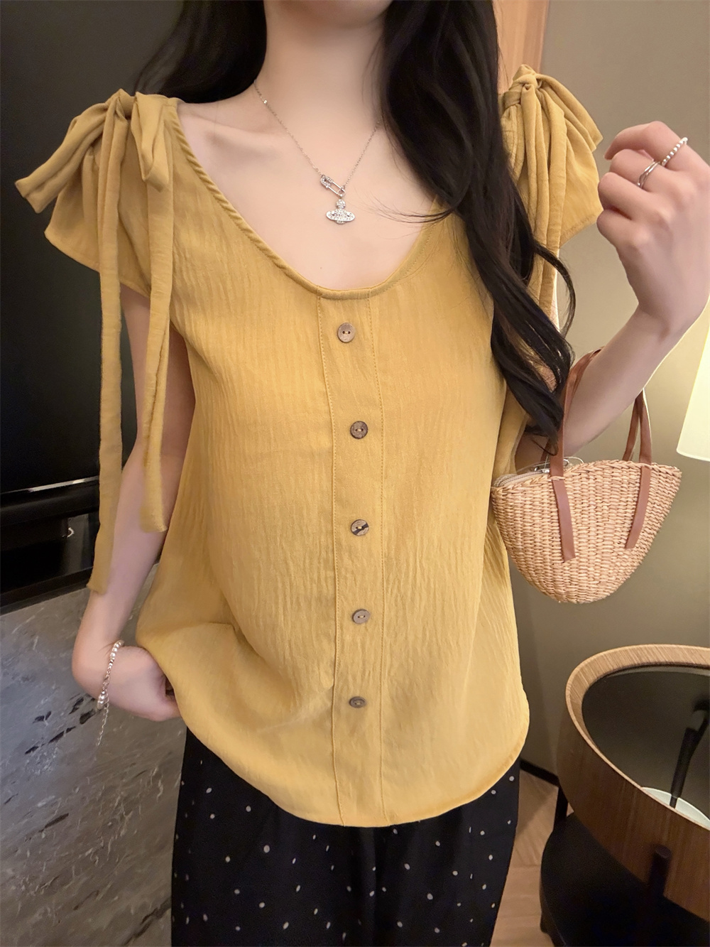 그램 블루 원인 라이 V넥 면 린넨 루즈핏 단추 반팔 맨위 여성 여름 도파민 인형 셔츠 프랑스식 아름다운 작은 셔츠
