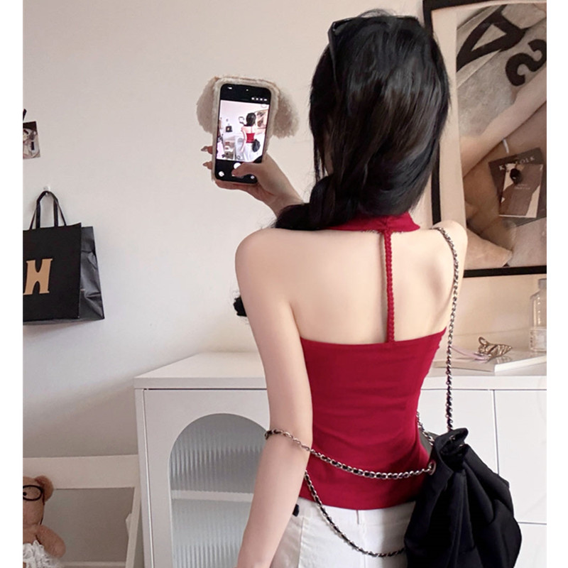 핫걸 바람 단색 행침 목 캐미솔 여름 새로운 레트로 Chic 아름다움 뒤로 민소매 켜기 벨트 가슴 패드 트렌디
