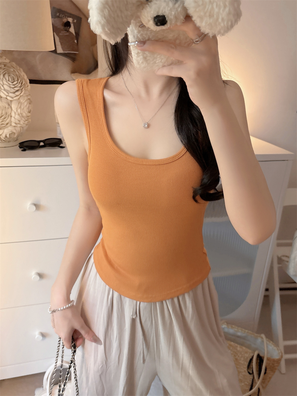주황색 단어 슬립 작은 조끼 여성 인사이드 가져 가라. 짧은 지불 여름 외출용 와이드 어깨끈 가슴 패드 표지 대리인 우유 맨위 트렌디