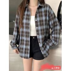批发美式复古格子烫钻衬衫女秋季新款设计感慵懒风宽松长袖衬衣外套潮