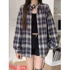 批发美式复古慵懒格子<b class='q'>衬衫</b>女秋季新款宽松中<b class='q'>长款</b>长袖烫钻<b class='q'>衬衣</b>外套上衣
