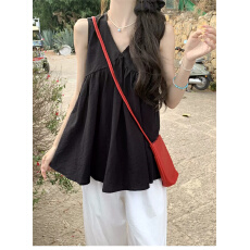 批发高级感宽松黑色V领吊带背心女夏季外穿中<b class='q'>长款</b>无袖娃娃衫气质上衣