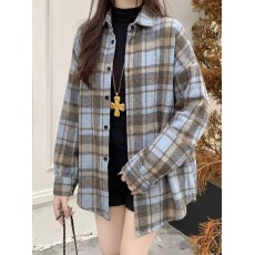 批发美式重工烫钻加厚毛呢长袖<b class='q'>格子衬衫</b>女秋冬新款衬衣设计感宽松外套