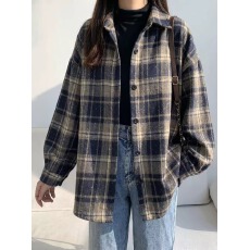 批发秋<b class='q'>冬</b>新款洋气重工烫钻加厚呢子衬衫宽松复古中长款格子长袖外套潮