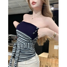 批发纯欲高级感撞色条纹休闲辣妹绑带抹胸上衣夏收腰显瘦甜辣带胸垫潮