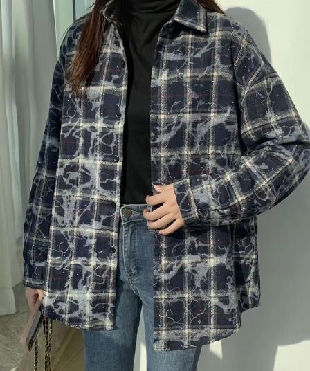 가을 겨울 새로운 느긋한 바람 홀치기 염색 모방 모직 핫픽스 체크무늬 긴팔 셔츠 셔츠 디자인 센스 캐주얼 재킷 트렌디