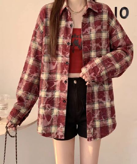 홀치기 염색 모방 모직 두꺼운 핫픽스 격자 무늬 셔츠 여성 코트 가을 겨울 새로운 루즈핏 중간 길이 느긋한 바람 셔츠